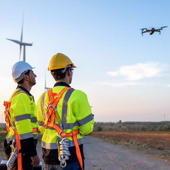 Two workers with a drone in a field