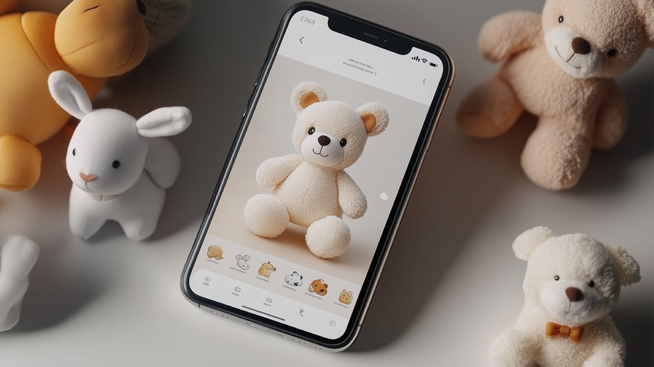 Ein Smartphone-Bildschirm zeigt ein digitales 3D-Modell eines cremefarbenen Teddybären mit Schleife. Umgeben ist das Modell von Icons und darunter liegenden, teilweise verdeckten, Texturen. Im Hintergrund sind weitere Stofftiere in Pastelltönen zu sehen.